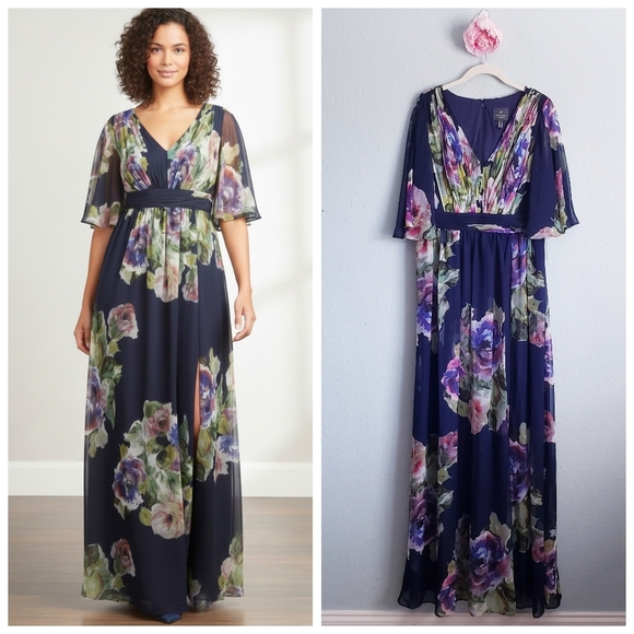 Adrianna Papell Navy Blue Floral Chiffon Ballgown